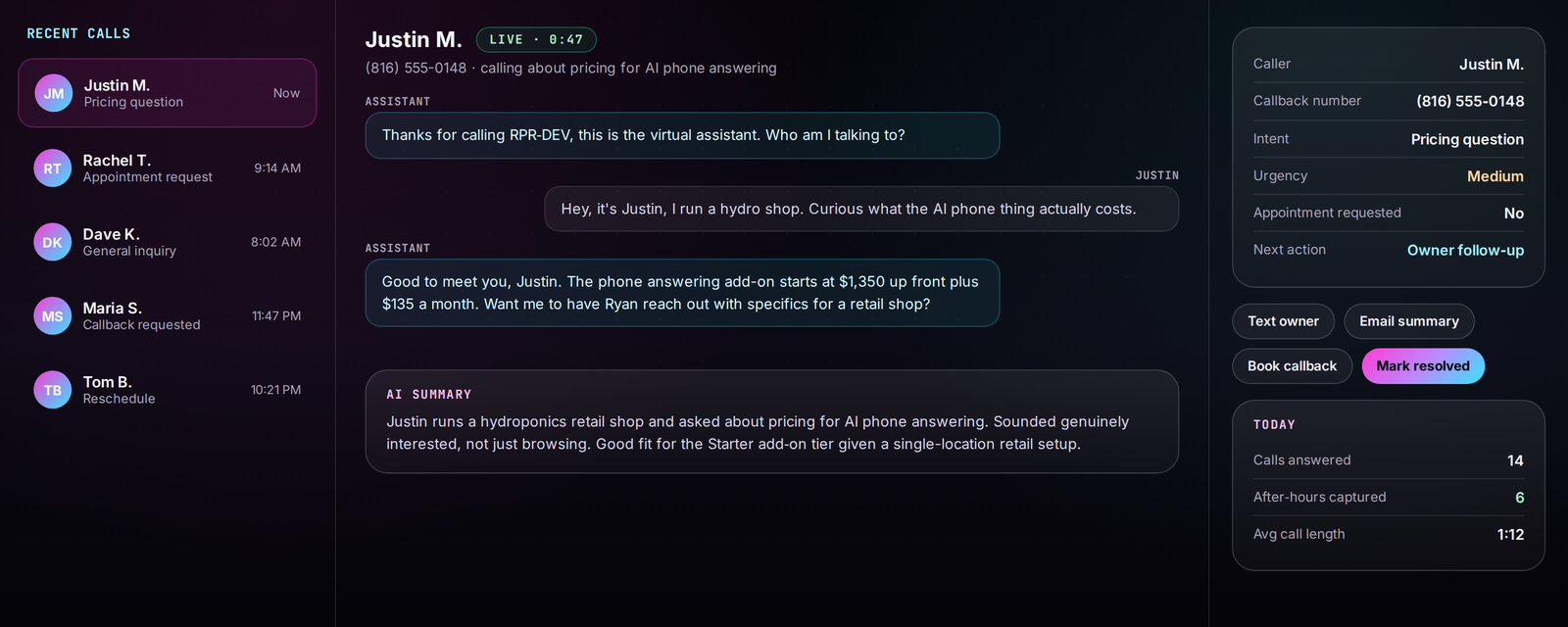 AI Phone Answering Kansas City - caller transcript, summary, and owner actions