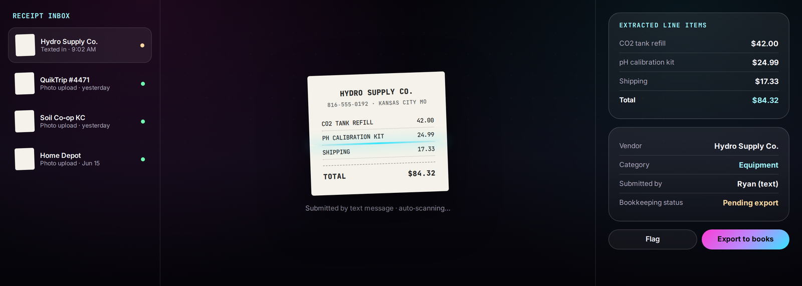 Invoice and Receipt Extractor Kansas City - receipt capture, line items, vendor, and export status